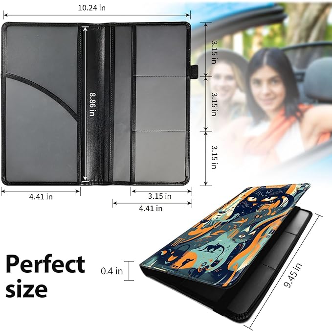 Car Registration and Insurance Holder, Leather Car Glove Box Organizer, Cool Car Accessories for ID, Driver's License Cards & Essential Document,business cards,Men&Women,Black Cat