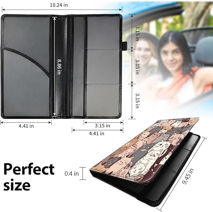 Car Registration and Insurance Holder, Leather Car Glove Box Organizer, Cool Car Accessories for ID, Driver's License Cards & Essential Document,business cards,Men&Women,Cute Cat Pattern