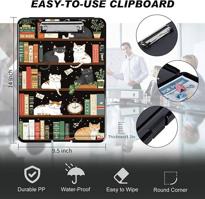 Clipboard with Storage, Hard Letter A4 Size Clip Board with Pen Holder & Paper Organizer, Heavy Duty Portable Writing Pad for Nurses Students Teachers Office Jobsite Contractor, Bookshelf Cat
