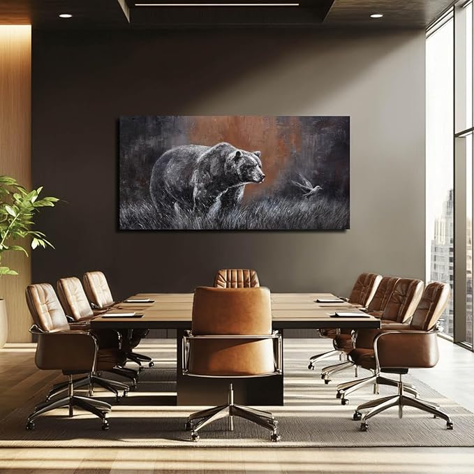 ZHENGYIN Extra Wide Panoramic Bear Canvas Wall Art,Black and White Wildlife Artwork, Earth Tone Background, Modern Rustic Wall Decor for Great Room Living Room, Over Sectional, 29x58 Inch