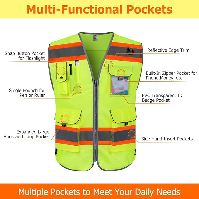 TCCFCCT Reflective Safety Vest for Men Women 9 Pockets High Visibility Vest with Fluorescent Orange Extend Edge, Hi Vis Security Work Vest for Surveyors, Durable and Breathable, (DB-Yellow, XX-Large)