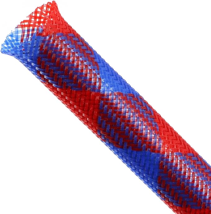 Braided Cable Sleeving, PET Expandable Braided Cable Sleeve, Flexible Mesh Sleeving Cord Management for Audio Video and Other Home Device, Cord Protector from Pets (Blue Red, 3/8" x 25ft)