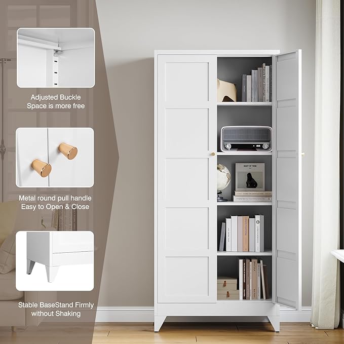 Yizosh Metal Storage Cabinet with 2 Doors and 4 Adjustable Shelves,- 72" White Kitchen Pantry Storage Cabinet for Kitchen,Living Room,Dining Room