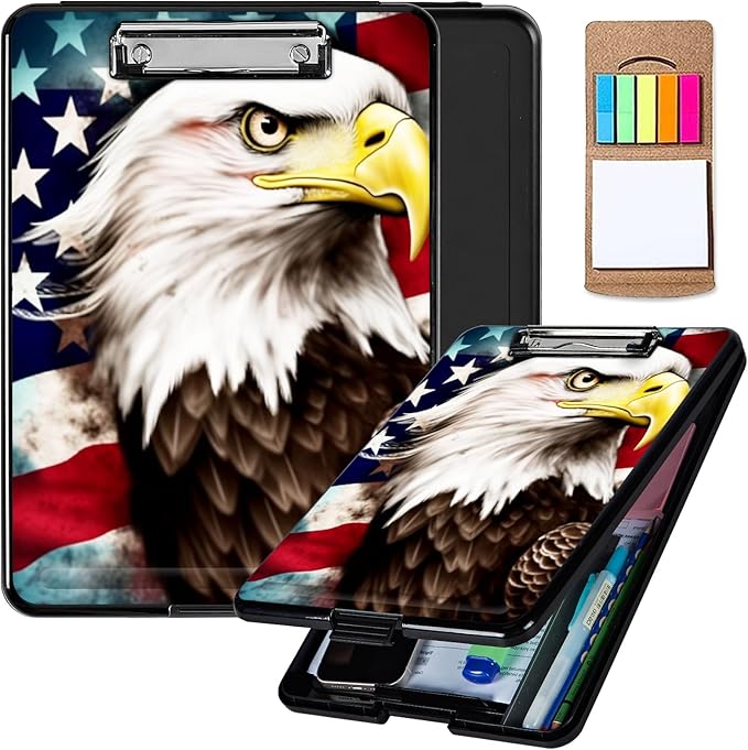 Clipboard with Storage,Plastic Storage Clipboard with Low Profile Clip, Heavy Duty Nursing Clipboards Foldable,Coaches Clipboard Case for Work, Teacher,Office School Supplies,American Flag Owl