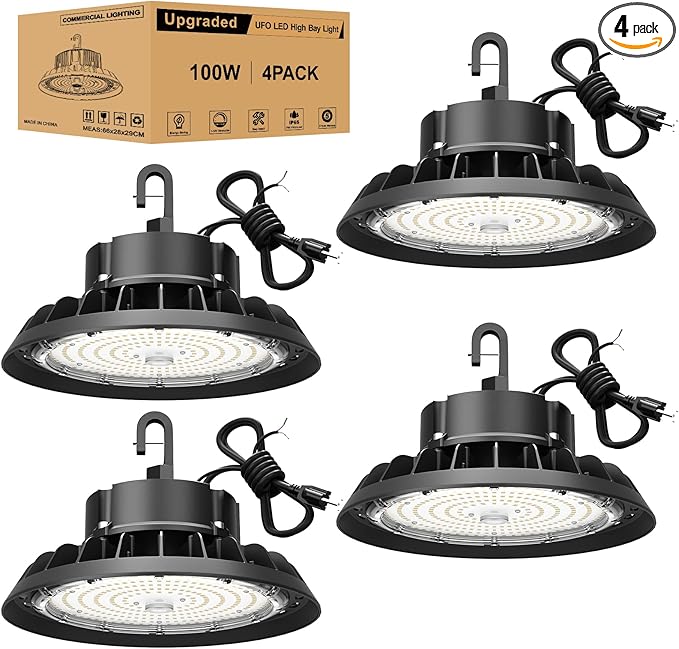 UFO LED High Bay Light 100W 4Pack, High Bay LED Shop Lights 14,000LM Dimmable, 6' Cable with US Plug, Hanging Hook, Safe Rope, ETL Listed LED High Bay Light for Warehouse Factory Barn Shop