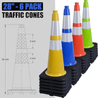 6 Pack 28" Large PVC Traffic Cones with Heavy-Duty Black Base, Garage Parking Lot Cones Structurally Stable Weatherproof Road Construction Safety Cones (6, Blue, 28" Large)