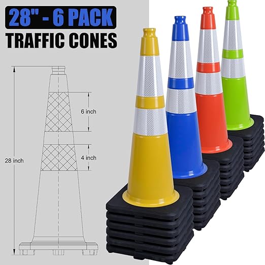 Fluorescent Orange/Green PVC Traffic Cones, Heavy Black Base Parking Lot Cone Structurally Stable Weatherproof Road Construction Safety Cones (4, Blue, 28" Large)