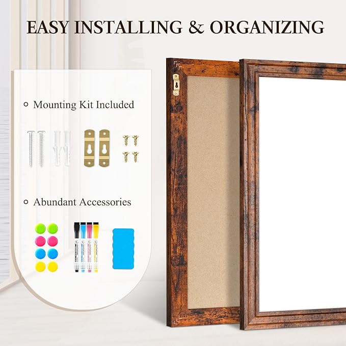 4 THOUGHT Dry Erase Board, 24" x 18" Magnetic Whiteboard Brown Vintage Wood Frame Wall-Mounted White Board Decorative Notice Board School, Office, Home, 8 Magnets 4 Markers 1 Eraser