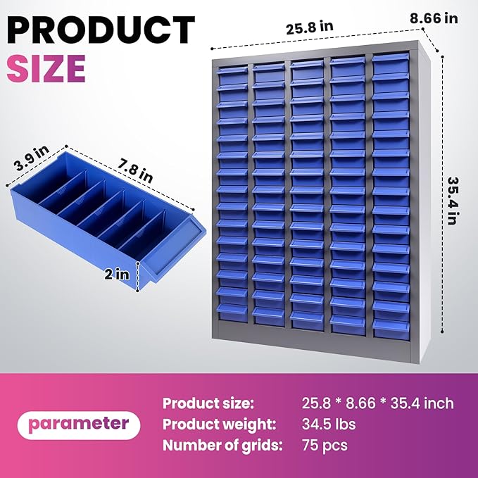 75 Drawers Nut and Bolt Organizer, 26x9x35.4 Stainless Steel Parts Cabinet with Shelfs & Labels Bolt Organizer for Workshop Tool & Hardware Storage and Organization (75 Drawers)