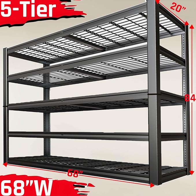 68" Wide Heavy Duty Garage Shelving Units, 5-Tier Deep Storage Shelves,Black Metal Garage Shelves,Steel Shelf,Large Storage Rack,Industrial Shelving for Shop, 68" W x 20" D x 84" H
