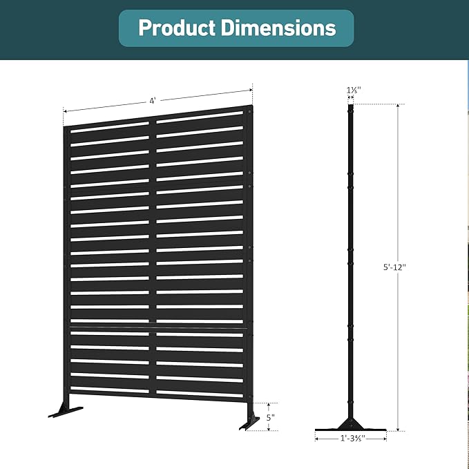 Modern Shade Metal Privacy Screen 72" H x 48" W, Freestanding Decorative Outdoor Privacy Fence Panels for Instant Privacy & Space Division, Patio Screens for Patios Outside Outdoor, Black, 4 Panel