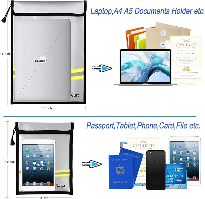 Fireproof Waterproof Money Document Bag - 2 Pack Safe Upgraded Zipper Bags, Fire & Water Resistant Storage Organizer Pouch for A4 A5 Documents Holder,File,Cash,Jewelry,Passport,Tablet,Laptop (Gray)