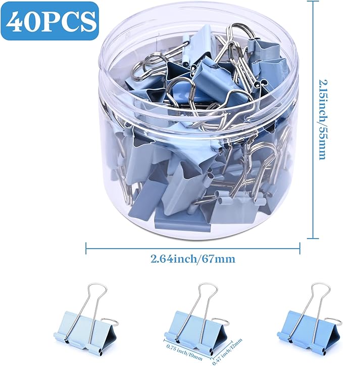 Temiary Aesthetic Binder Clips, 40 Pcs 0.75 Inches Small Metal Binder Clip with Clear Storage Container, Binding Paperwork Clamps for School Teachers Office Supplies (Blue)