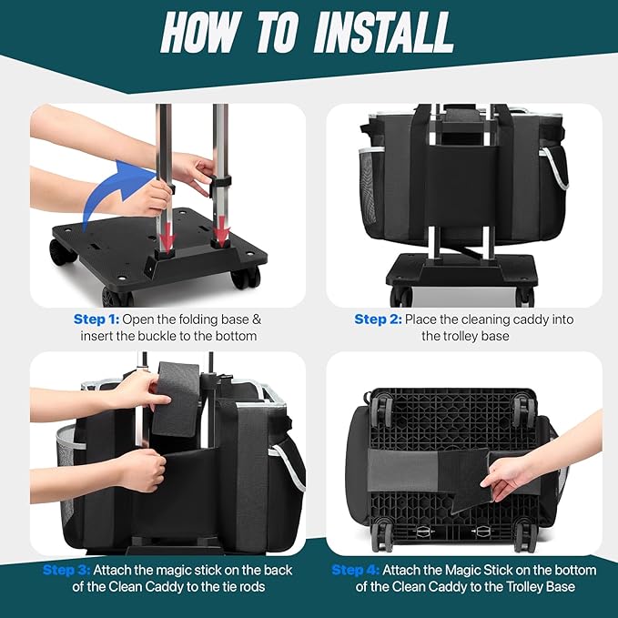 Large Rolling Cleaning Caddy Bag with Detachable Trolley, Full Support Plates for Professional Cleaning Supplies Bag, Organizer Bag with 4 Universal Wheels for Housekeepers, Car Wash, Office, Picnic