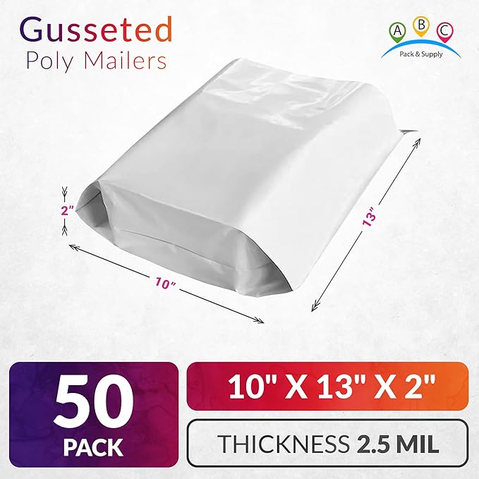 ABC PACK & SUPPLY White Gusseted Poly Mailers, 10 x 13 x 2 Inch. Pack of 50 Expansion Poly Mailers Bags. Shipping Envelopes for Clothing, 2.5 Mil. Plastic Shipping Bags Self Seal. Mailing Packages