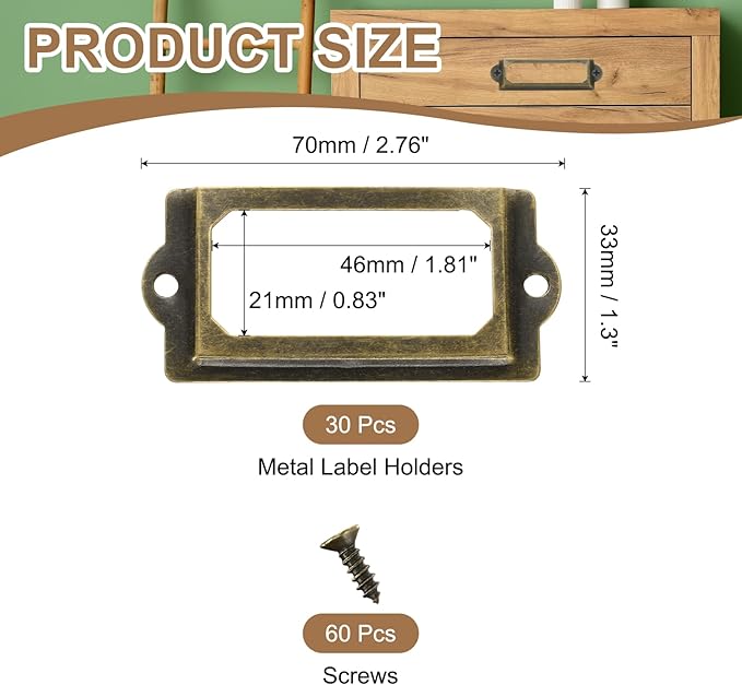 PATIKIL 70x33mm Metal Label Holders, 30 PCS Label Name Card Tag Frames with Screws for Office Library File Cabinets Shelves Wood Drawers Fabric Bins, Bronze