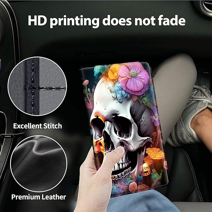 Car Registration and Insurance Holder, Leather Car Glove Box Organizer, Cool Car Accessories for ID, Driver's License Cards & Essential Document,business cards,Men&Women,Skull Flower