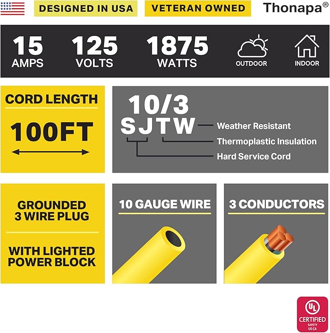 100 Foot Lighted Outdoor 15 Amp Extension Cord with 3 Electrical Power Outlets - 10/3 SJTW Yellow 10 Gauge Cable with 3 Prong Grounded Plug for Safety - Great for Garden and Major Appliances