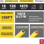100 Foot Lighted Outdoor 15 Amp Extension Cord with 3 Electrical Power Outlets - 10/3 SJTW Yellow 10 Gauge Cable with 3 Prong Grounded Plug for Safety - Great for Garden and Major Appliances