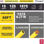 2 Pack Lighted Outdoor Extension Cord 50 ft - 12 Gauge 15 Amp Heavy Duty Power Extension Cords - SJTW - Great for Major Appliances, Power Tools, Garden Supplies - Yellow