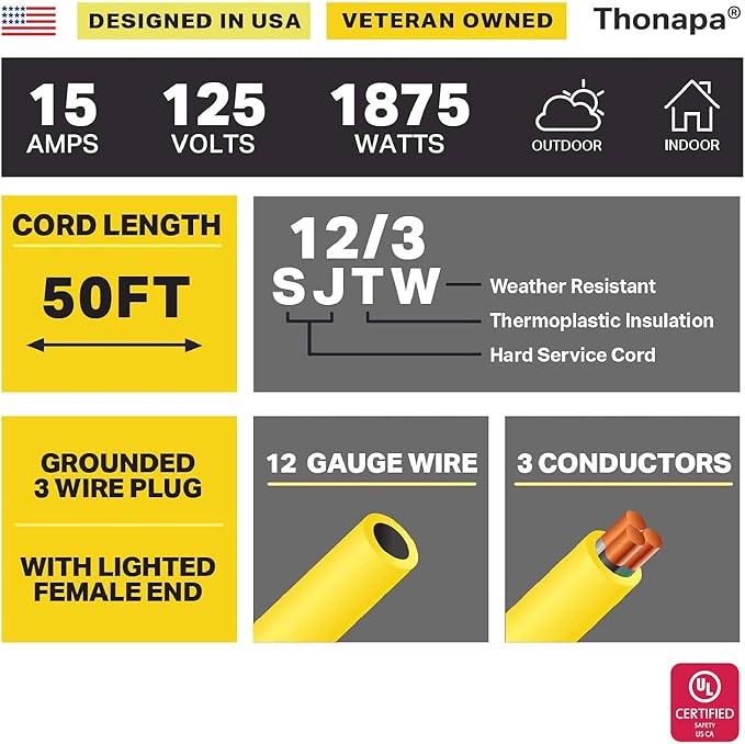2 Pack Lighted Outdoor Extension Cord 50 ft - 12 Gauge 15 Amp Heavy Duty Power Extension Cords - SJTW - Great for Major Appliances, Power Tools, Garden Supplies - Yellow