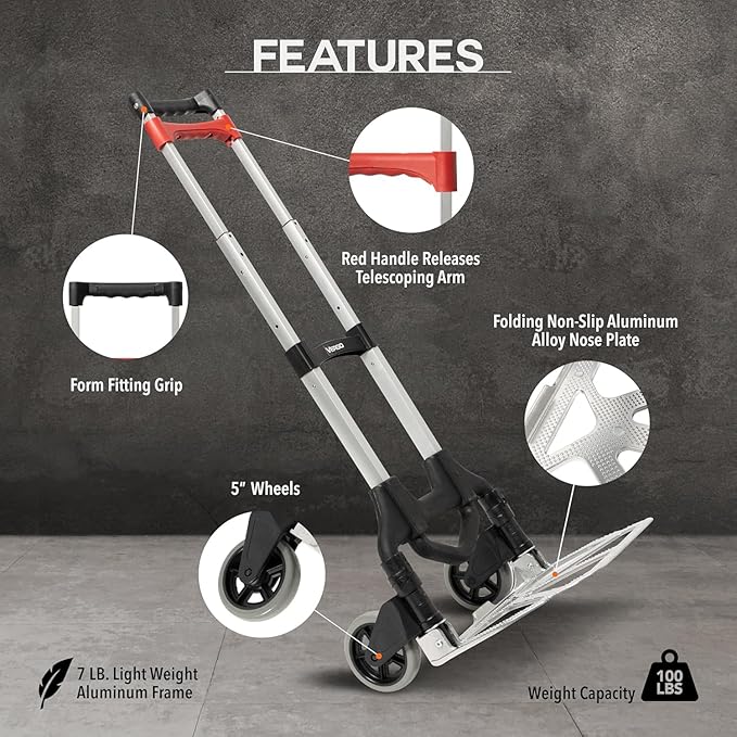 Vergo 100 Ibs Capacity Folding Hand Truck Dolly – Lightweight Aluminum Frame Dolly Cart with 40" Telescoping Handle, Compact Hand Cart with 5” Rubber Wheels - Ideal for Personal Use (S300S)