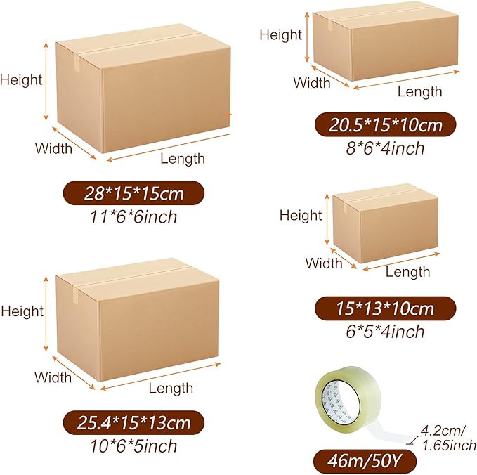 32 Pack 4 Sizes Shipping Boxes Mailers Corrugated Cardboard Box Kraft Mailing Boxes Small Packing Box with Packaging Tape for Shipping Packing Mailing (Kraft Color)