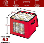 inin Christmas Ornament Storage Box with Adjustable Dividers,Christmas Ornaments Organizer with Zippered Top,Storage Container Bin for Holiday Decorations(64 Ball, Red, Without Tray)