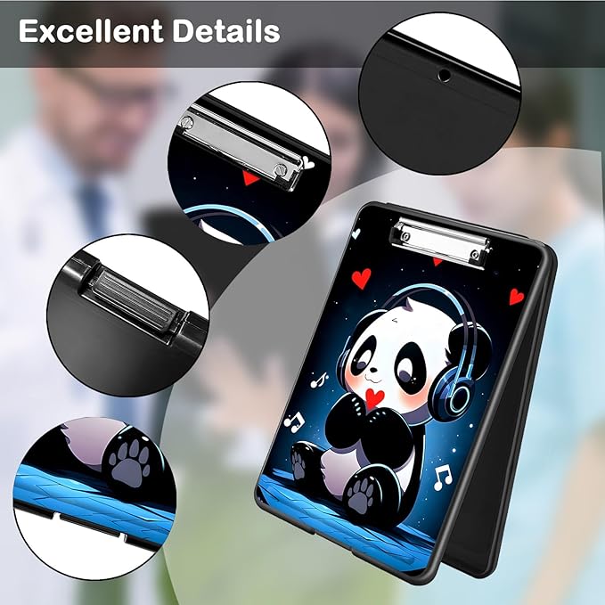 Clipboard with Storage,Office Supplies Nursing Clipboards Folder with Pen Holder Plastic Foldable Clip Board with Storage for Nurse Teacher,Cute Music Panda