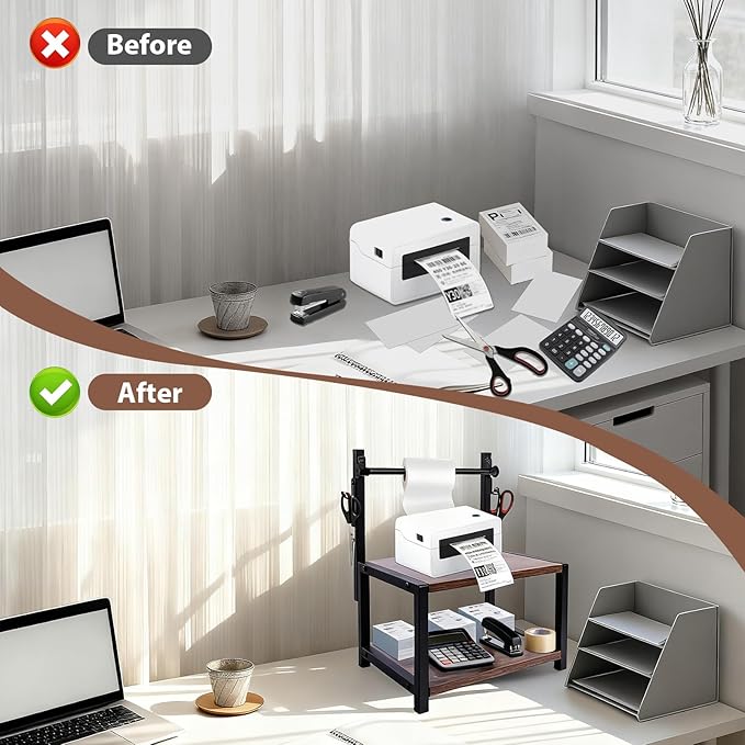 Label Holder for Rolls and Fan-Fold Labels - Wood Thermal Sticker Holder for Desktop with Hook,Shipping Label Dispenser Stand for Home Office and Small Businesses