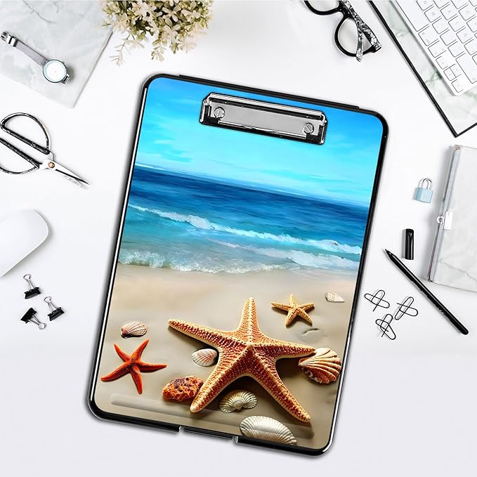 Clipboard with Storage,Office Supplies Nursing Clipboards Folder with Pen Holder Plastic Foldable Clip Board with Storage for Nurse Teacher,Beach Starfish