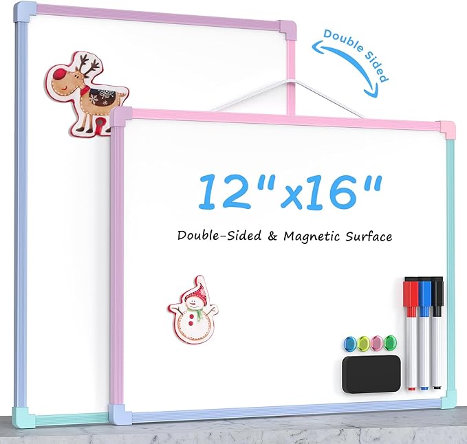 MaxGear Double-Sided Dry Erase Board for Wall, 16"x12" Hanging Whiteboard, Small Dry Erase White Board kit, Portable Whiteboard for Planning, Drawing, Memo, to Do List, Macaron Frame