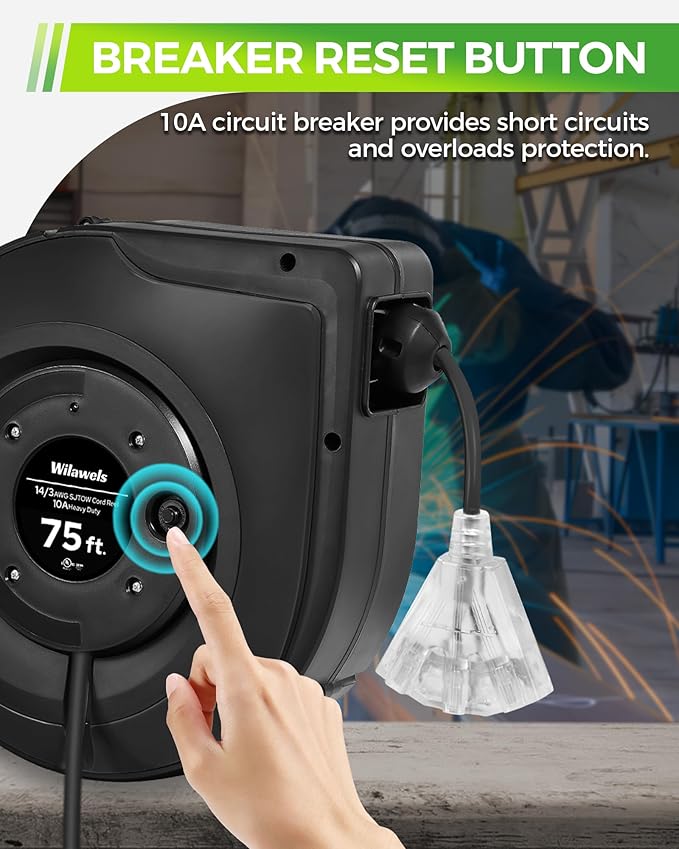 Retractable Cord Reel, 75 FT Heavy Duty Extension Cord, 14AWG/3C SJTOW, 3 Grounded Outlets Lighted Triple Tap, 10A Circuit Breaker, Wall/Ceiling Mounted, UL Listed, Black H75CR06