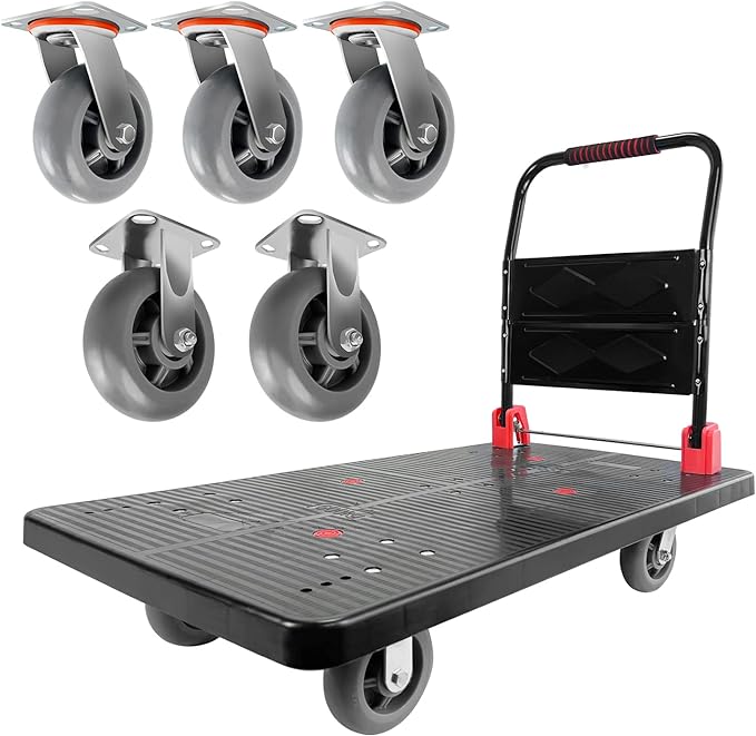 Platform Truck, Foldable Push Cart Dolly w/Five 360 Swivel 6'' Wheels, 1600LBS Capacity Heavy Duty Moving Platform Trucks Hand Cart for Groceries, Garage, Warehouse (43" L x25" W)