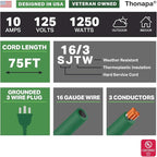 Weatherproof Outdoor Extension Cord 75 ft, 16/3 SJTW 75ft Green Extension Cord 3 Prong, Long for Outdoor Lights & Landscaping, UL Certified - US Veteran Owned