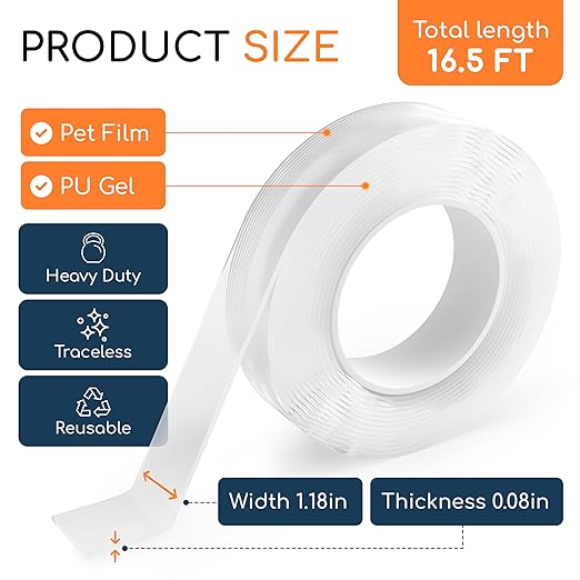 GLUIT Double Sided Tape Heavy Duty 16.5ft Clear – Teacher Tape for Walls, Strong Removable 2 Sided Adhesive Mounting Tape, Washable Reusable Nano Gel Sticky Wall Tape for Poster Car Home 17.5 lbs