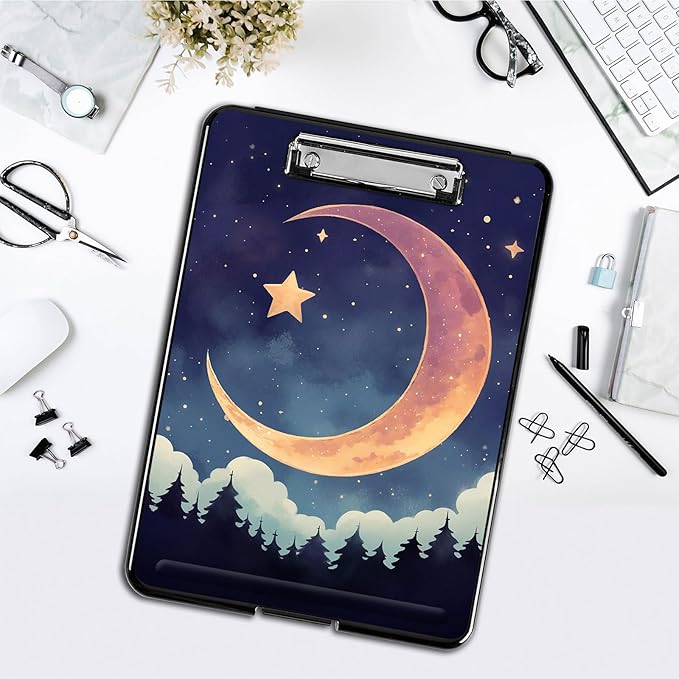 Clipboard with Storage,Office Supplies Nursing Clipboards Folder with Pen Holder Plastic Foldable Clip Board with Storage for Nurse Teacher,Moon Forest