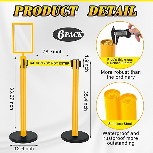 Therwen 6 Pack Heavy Duty Crowd Control Stanchions 9.8 ft Stainless Steel Stanchion Set with 6 Safety Barrier Post Retractable Belt and 1 Sign Holder Crowd Control Barrier(Caution Belt,Yellow)