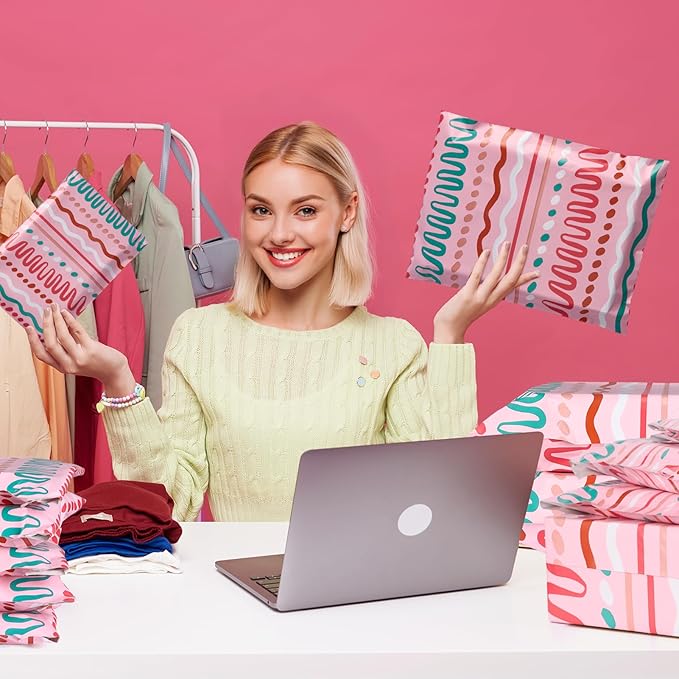 Metronic Poly Mailers 14.5x19 Inch 500pc Shipping Bags for Clothes,Self Adhesive Shipping Envelopes for Small Business,Waterproof Mailers Poly Bags for Shipping,Packaging Mailing Bags Pink Squiggles
