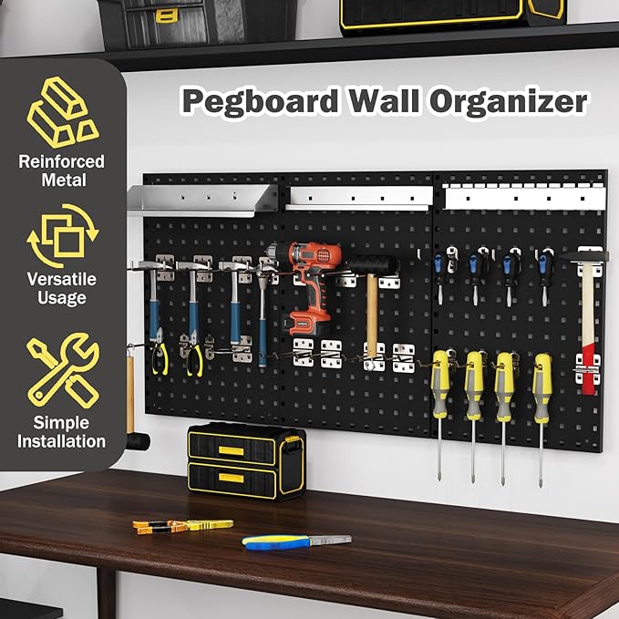 Goplus Garage Pegboard, Metal Pegboard Tool Organizer Kit with 3 Pegboards & 28 Pcs Hanging Accessories, Heavy Duty Pegboard Wall Organizer, Peg Board for Workshop, Tool Storage, Black