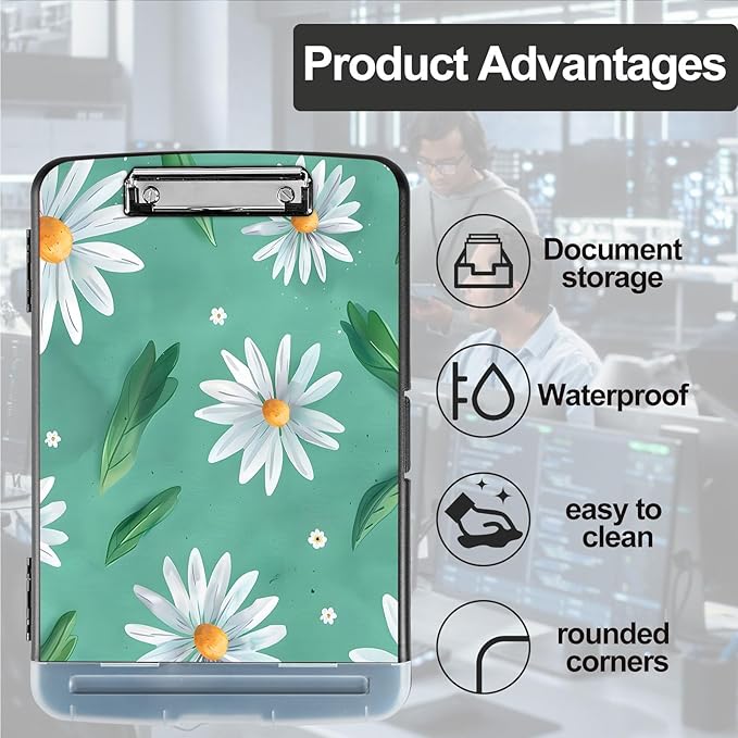 Pattern Design Clipboard with Storage - Heavy Duty Legal Size Clipboard, Ideal for Teachers, Nurses, Office Workers, Contractors, and Kids - 9.5 x 14.2 Inch (Daisy Flower)