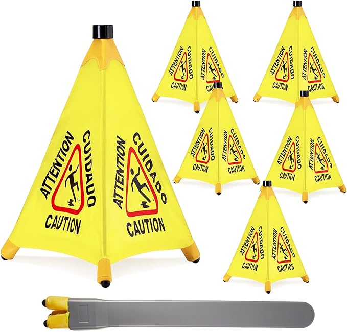 6 Pcs Pop up Wet Floor Sign with Storage Tube 20 Inch Wet Safety Signs Commercial Caution Safety Cone Pop up Caution Sign for Commercial Stores Grocery Restaurant Restroom Office Use