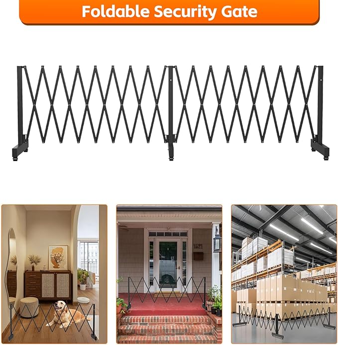 12.2FT Black Industrial Metal Expandable Barricade，Retractable Traffic Fence with Casters, Folding Security Gate，Portable Barricade Gate for Construction Area, Traffic Control, Cordon