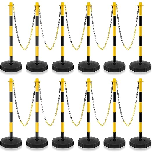 Konohan 12 Sets 34 Inch Parking Cone Delineators Post Traffic Cone Plastic Stanchion Set Stands Parking Barrier with Base 6.6 ft Chain S Hooks Reflective Collar (Yellow,Black)
