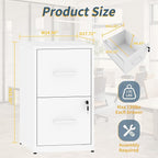 2 Drawer File Cabinet with Lock, Vertical Filing Cabinets for Home Office, Metal Storage Cabinet, Heavy Duty File Cabinet for Under Desk, Amssebly Required, White