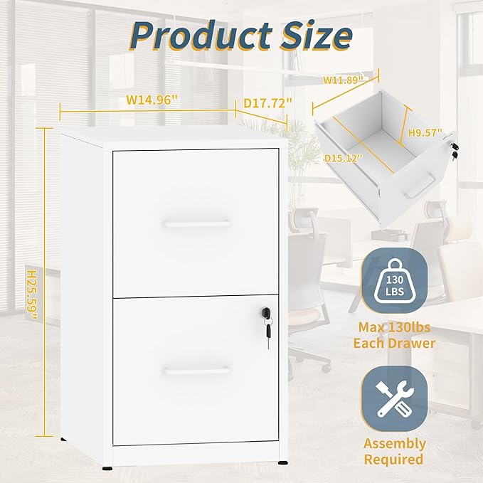 2 Drawer File Cabinet with Lock, Vertical Filing Cabinets for Home Office, Metal Storage Cabinet, Heavy Duty File Cabinet for Under Desk, Amssebly Required, White