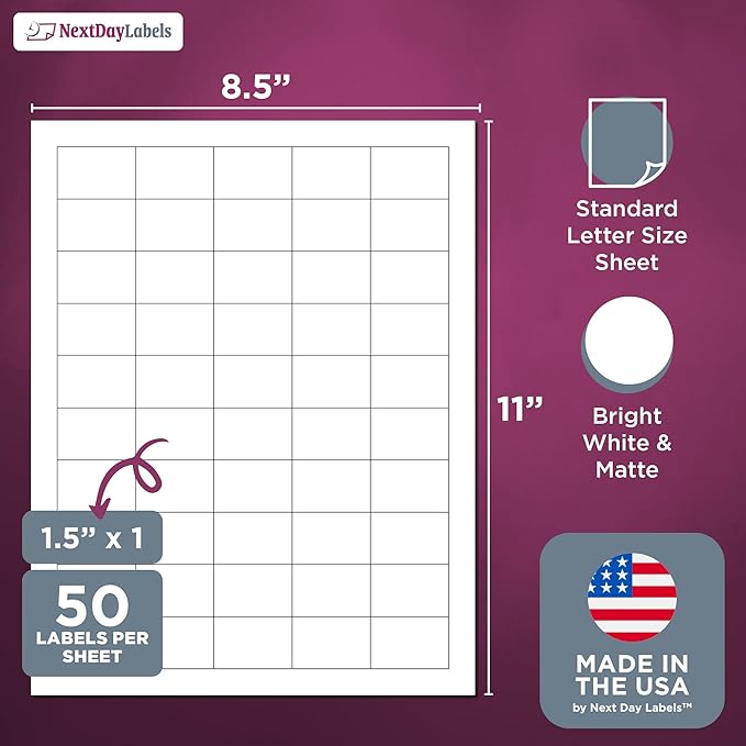 NextDayLabels – 1.5" x 1" Rectangular Sticker Labels for Printer - White Laser/Inkjet Printer Labels Return Address Labels Shipping Label Stickers (250 Sheets, 50 Per Sheet, 12500 Labels)