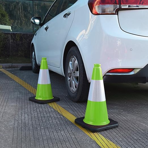 Fluorescent Orange/Green PVC Traffic Cones, Heavy Black Base Parking Lot Cone Structurally Stable Weatherproof Road Construction Safety Cones (4, Green, 18" Medium)