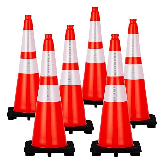 6 Pack 28 Inch Traffic Safety Cones - Parking Cones with Heavy Black Base and Reflective Collars, Orange Safety Cones for Parking Lot, Construction Work, Road Safety Control