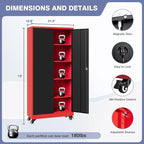 Metal Storage Cabinet with Wheels, Tall Garage Storage Cabinet with 4 Adjustable Shelves and 2 Doors, Lockable Tool Cabinet for Garage Home Office,Gym,School(Black-Red)